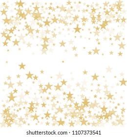 Gold flying stars confetti vector background frame, golden christmas lights falling. magic shining Flying stars glitter cosmic backdrop, sparkle vector border. glow tinsel