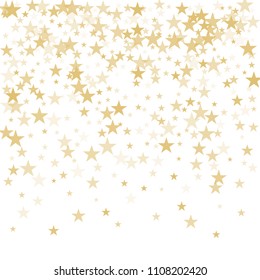 Gold flying stars confetti vector background frame, golden christmas lights falling. magic shining Flying stars glitter cosmic backdrop, sparkle vector border. glow tinsel