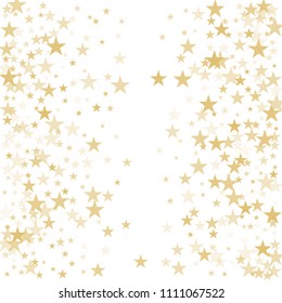 Gold flying stars confetti vector background frame, golden christmas lights falling. magic shining Flying stars glitter cosmic backdrop, sparkle vector border. glow tinsel