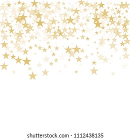 Gold flying stars confetti vector background frame, golden christmas lights falling. magic shining Flying stars glitter cosmic backdrop, sparkle vector border. glow tinsel