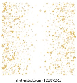 Gold flying stars confetti vector background, golden christmas lights falling. magic shining Flying stars glitter cosmic backdrop, sparkle vector border. glow tinsel frame
