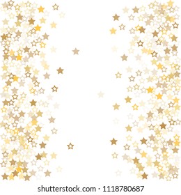 Gold flying stars confetti vector background frame, golden christmas lights falling. magic shining Flying stars glitter cosmic backdrop, sparkle vector border. glow tinsel