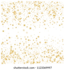 Gold flying stars confetti vector background, golden christmas lights falling. magic shining Flying stars glitter cosmic backdrop, sparkle vector border. glow tinsel frame