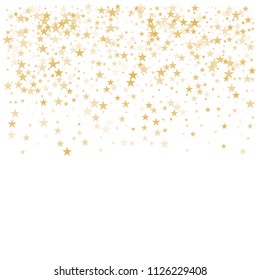 Gold flying stars confetti vector background, golden christmas lights falling. magic shining Flying stars glitter cosmic backdrop, sparkle vector border. glow tinsel frame