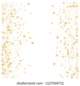 Gold flying stars confetti vector background, golden christmas lights falling. magic shining Flying stars glitter cosmic backdrop, sparkle vector border. glow tinsel frame