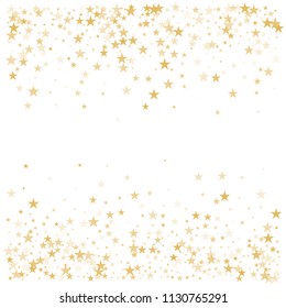 Gold flying stars confetti vector background, golden christmas lights falling. magic shining Flying stars glitter cosmic backdrop, sparkle vector border. glow tinsel frame