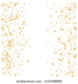 Gold Flying Stars Confetti Vector Background, Golden Christmas Lights Falling. Magic Shining Flying Stars Glitter Cosmic Backdrop, Sparkle Vector Border. Glow Tinsel Frame