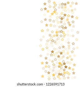 Gold flying stars confetti vector background frame, golden christmas lights falling. magic shining Flying stars glitter cosmic backdrop, sparkle vector border. glow tinsel