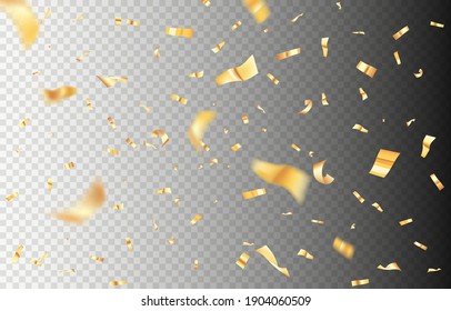 Gold flying tinsel, festive confetti, foil particles for decoration.