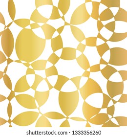 Gold foil abstract background. Intersecting circles seamless vector pattern. Modern elegant background golden overlapping circles on white. Design for web banner, blog, wedding, celebration, invite