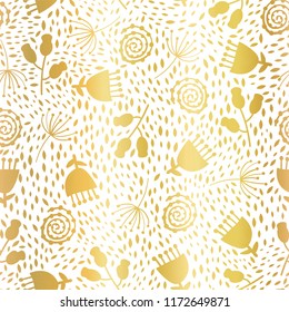 Gold foil abstract flowers vector seamless pattern background. Elegant golden florals on white backdrop. Elegant design for digital paper, gift wrap, party, birthday card, wedding, celebration, invite