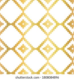 Lámina de oro Resumen de un patrón vectorial sin fisuras con formas rhombus de ikat dorado sobre blanco. Fondo de repetición geométrica de textura de papel metálico.