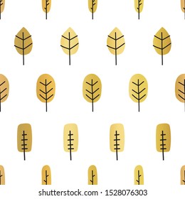 Gold foil abstract tree silhouettes seamless vector pattern. Golden metallic shiny doodle trees on white background. Elegant design for digital paper, packaging, Thanksgiving, autumn decor