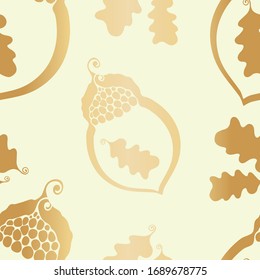 Gold foil acorn and oak leaves seamless vector pattern background. Modern hand drawn nature symbol metallic backdrop. Luxury all over print for Golden Wedding anniversary, longevity, strength concept