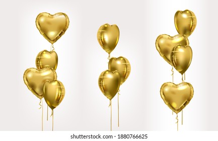 Gold foil air balloons set. Collection of different golden bunch of heart shaped balloons. Party compositions. Valentines day decoration