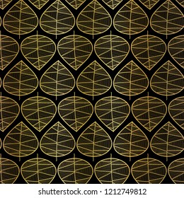 Gold foil Autumn leaves on black seamless vector background. Subtle abstract fall pattern. Vector repeating texture stylized leaf design. Elegant art for celebration, party, holiday card, invitation