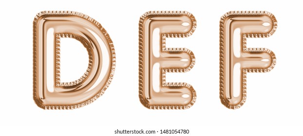 Gold  foil balloon alphabet set letter D, E, F  realistic 3d illustration metallic pink gold air balloon. Collection of balloon alphabet ready to use in headlines, greeting, celebration vector eps