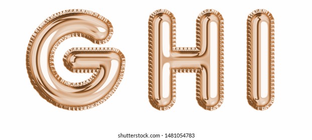 Gold  foil balloon alphabet set letter G, H, I  realistic 3d illustration metallic pink gold air balloon. Collection of balloon alphabet ready to use in headlines, greeting, celebration vector eps