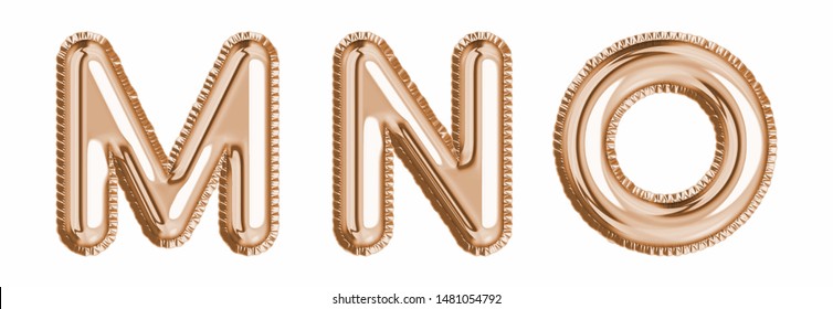 Gold  foil balloon alphabet set letter M, N, O  realistic 3d illustration metallic pink gold air balloon. Collection of balloon alphabet ready to use in headlines, greeting, celebration vector eps