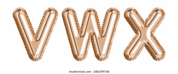 Gold  foil balloon alphabet set letter V, W, X  realistic 3d illustration metallic pink gold air balloon. Collection of balloon isolated ready to use in headlines, greeting, celebration vector eps