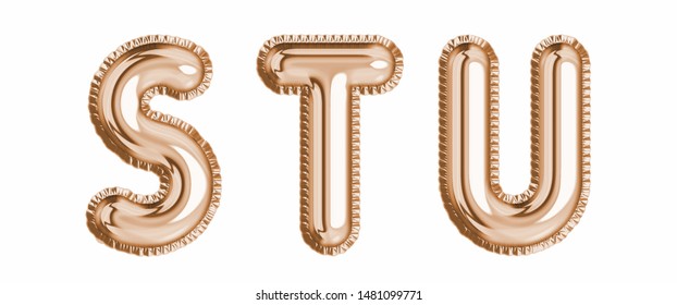 Gold  foil balloon alphabet set letter S, T, U  realistic 3d illustration metallic pink gold air balloon. Collection of balloon isolated ready to use in headlines, greeting, celebration vector eps