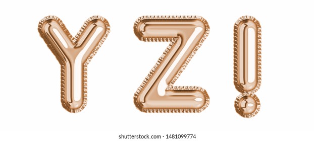 Gold  foil balloon alphabet set letter Y, Z, exclamation mark realistic 3d illustration metallic pink gold air balloon. Collection of balloon isolated ready to use in headlines, greeting, celebration