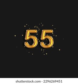 Gold foil balloon number fifty five years. Birthday greeting card with inscription 55. Anniversary celebration event. 