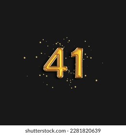 Gold foil balloon number forty one years. Birthday greeting card with inscription 41. Anniversary celebration event. 
