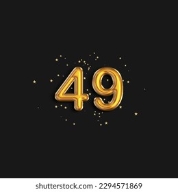 Gold foil balloon number forty nine years. Birthday greeting card with inscription 49. Anniversary celebration event. 