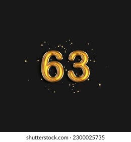 Gold foil balloon number sixty three years. Birthday greeting card with inscription 63. Anniversary celebration event. 