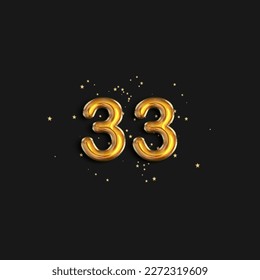 Gold foil balloon number thirty three years. Birthday greeting card with inscription 33. Anniversary celebration event. 