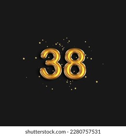 Gold foil balloon number thirty eight years. Birthday greeting card with inscription 38. Anniversary celebration event. 