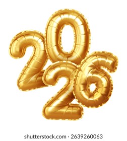 Gold foil balloon numbers forming 2026 against a plain white background, representing the New Year with celebratory and festive themes in a vector illustration style.