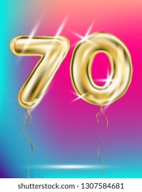 Gold foil balloon seventy number on disco rainbow gradient background