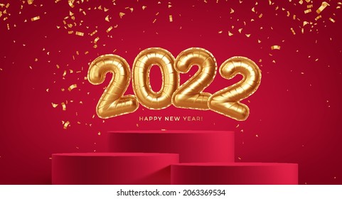 Gold foil balloons 2022 New Year and red product podium. Realistic 3d gold foil balloons 2022. Christmas and New Year Eve designs. Vector illustration EPS10