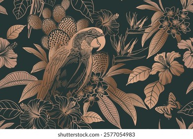 Gold foil and black seamless pattern. Hawaiian shirt style. Parrot and flowers. Floral background. Bird, cacti, Turkish rose, plumeria. Vintage Vector For textile, wallpaper, paper, Aloha