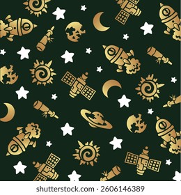 Gold foil bottom, abstract golden space shapes and solar system on green background. Luxury holiday theme for scrapbook, banner, packaging, wedding, party, invitation card, blog. Vector EPS 10.