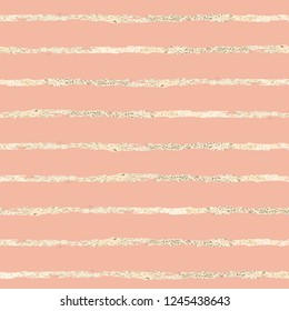 Gold foil brush stroke horizontal lines feminine seamless vector pattern. Metallic shiny gold stripes on pink background. Elegant for banner, wedding, birthday, celebrations, shower, invitation, party