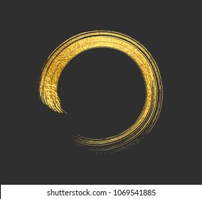 Gold Foil Brush Stroke. Yellow Sparkle Circle Frame. Copper Metal Paint Texture Isolated On Black Background. Vector Gold Glitter Mascara Brushstroke Border Pattern.