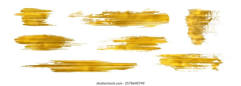 Gold foil brush strokes set with metallic shimmering texture. Painted rough horizontal lines for luxury decorative design elements. Abstract glowing textured yellow swipes on white background.