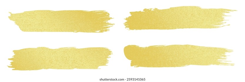 Gold foil brush strokes set with metallic texture. Shimmering yellow paint line swipes. Realistic luxury elegant golden elements for design projects, wedding invitations or packaging decoration.