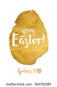 Gold Foil Calligraphy Happy Easter Greeting Card. Modern Brush Lettering. Gold Stroke Egg and White Letters. Joyful wishes, holiday greetings