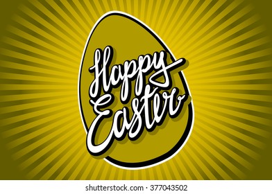 Gold Foil Calligraphy Happy Easter Greeting Card. Modern Brush Lettering. Gold Stroke Egg and White Letters. Joyful wishes, holiday greetings art