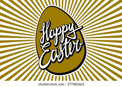 Gold Foil Calligraphy Happy Easter Greeting Card. Modern Brush Lettering. Gold Stroke Egg and White Letters. Joyful wishes, holiday greetings art