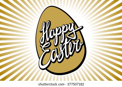 Gold Foil Calligraphy Happy Easter Greeting Card. Modern Brush Lettering. Gold Stroke Egg and White Letters. Joyful wishes, holiday greetings art