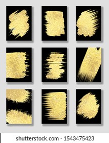 Gold foil cards templates. Golden black abstract print pemplate set, golden paint glitter patterns on dark background, yellow metal shiny texture designs for invitation or flyer