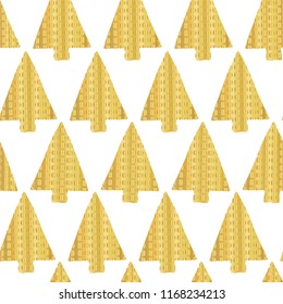 Gold foil christmas tree seamless vector pattern backdrop. Shiny golden textured triangle Christmas trees on white background. Elegant, geometric design for Christmas, gift wrap, party invite cards
