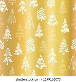 Gold Foil Christmas Tree Seamless Vector Pattern Backdrop. White Doodle Trees On Metallic Shiny Golden Background. Elegant Design For Christmas, New Year, Gift Wrap, Party Invitation, Cards, Pagefill