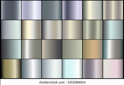 Gold foil chrome metallic texture vector icon set. Shiny golden brushed vector metallic gradient background for banner, ribbon, label, medal, button, money. Gold abstract background gradient template