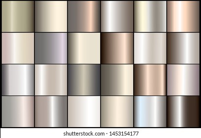 Gold foil chrome metallic texture vector icon set. Shiny golden brushed vector metallic gradient background for banner, ribbon, label, medal, button, money. Gold abstract background gradient template